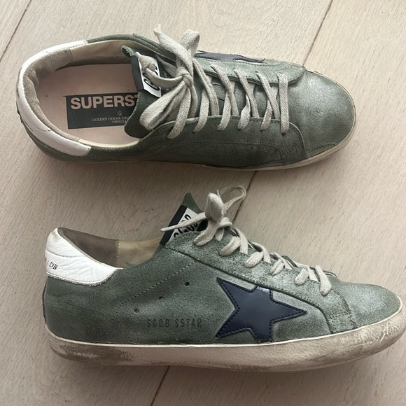 Golden Goose Shoes - Golden Goose Super Star Sneakers in Forest Green Suede with a Blue Leather Star